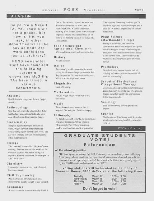 PGSS survey of TA grievances raised in various McGill departments, PGSS Newsletter Vol. 8 No. 5 (March 1992). AGSEM Archives, Vol. 4.1 “Posters and Communications.”