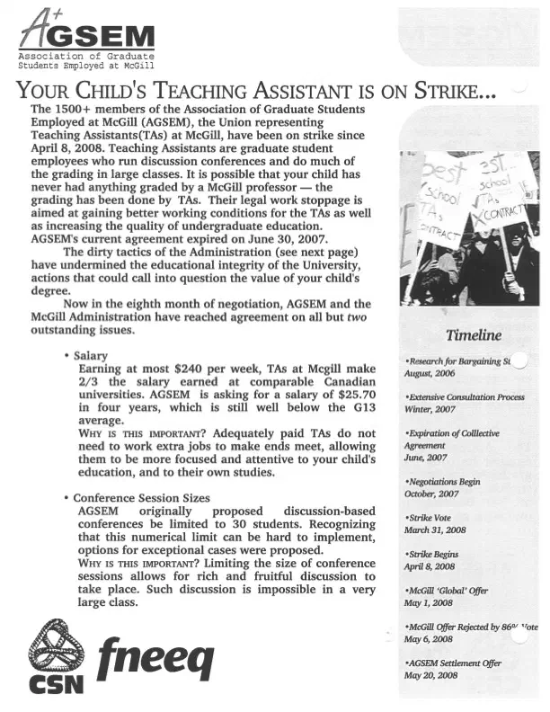 “Your child’s Teaching Assistant is on strike…McGill Admin could make the strike end,” brochure de l’AÉÉDEM (aucune date). Archives de l’AÉÉDEM, Vol. 3.1 “Your Child’s TA Is On Strike.”