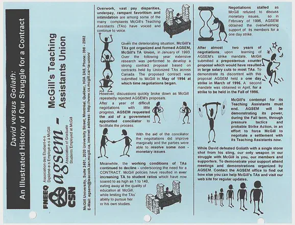 “David versus Goliath: An Illustrated History of Our Struggle for a Contract,” AGSEM pamphlet (1997). AGSEM Archives, Vol. 3.1 “1997 Bargaining Documents.”