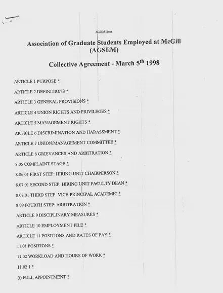 First AGSEM Collective Agreement with McGill (March 1998). AGSEM Archives, Vol. 3.1 “First Collective Agreement TA Bargaining.”