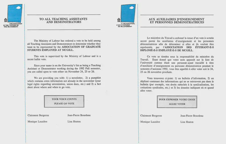 Poster advertising referendum to certify with CSN (November 1992). AGSEM Archives, Vol. 4.1 “Posters and Communications.”
