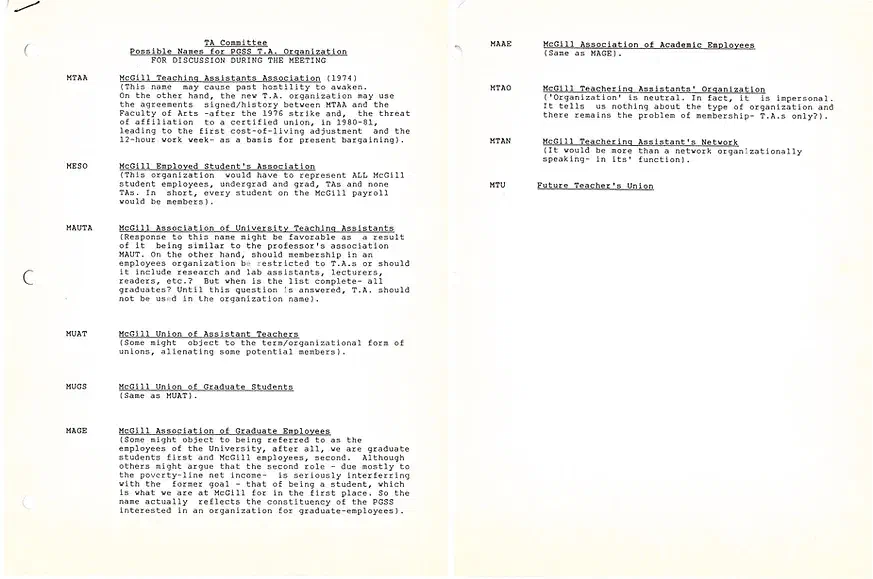 List of Potential Names for a new TA Organization (n. d.). AGSEM Archives, Vol. 5.2 “Early MTAA Files.”