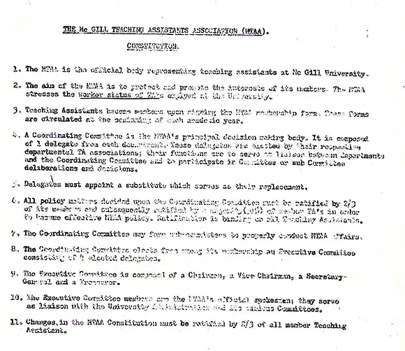 The McGill Teaching Assistants Association [MTAA] Constitution (1976). AGSEM Archives, Vol. 3.1 &ldquo;MTAA Early Negotiation Documents.&rdquo;