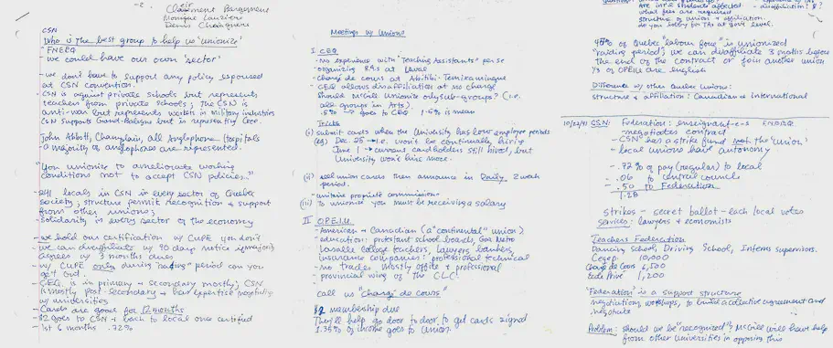 Handwritten notes by an AGSEM organizer from meetings with different potential parent unions: CEQ, OPEIU, CSN (1991). AGSEM Archives, Vol. 4.1 “Affiliation to CSN.”