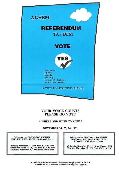 Affiche pour le référendum pour se joindre à la CSN (novembre 1992). Archives de l’AÉÉDEM, Vol. 4.1 “Posters and Communications.”